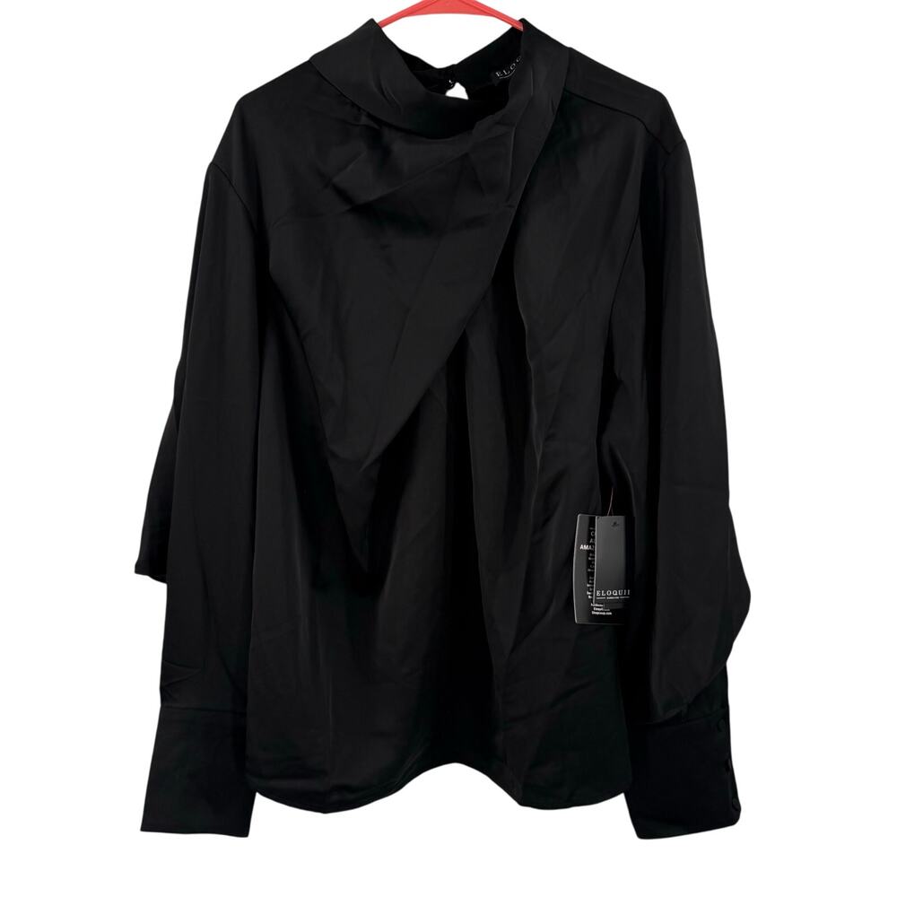 Eloquii Blouse Size 22 NWT Satin Drape Neck Black Plus Curvy Cocktail Office Top